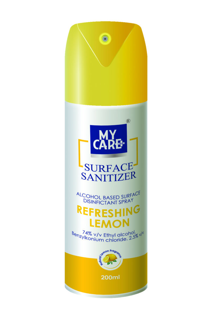MY CARE+ SURFACE DISINFECTANT & Deodorizer -ETHYL ALCOHOL 74% V/V & Benzalkonium chloride 2.5% – Lemon – 200ml Spray , 5 ltr can